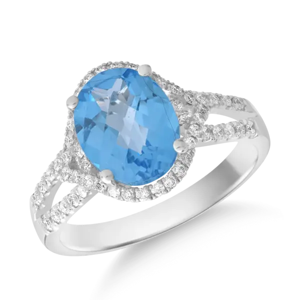 Inel din aur alb cu topaz albastru oval de 3.5ct si diamante de 0.3ct
