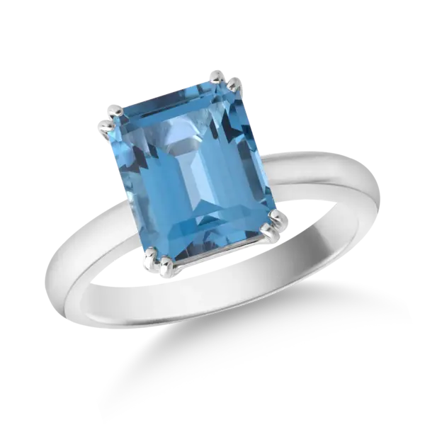 Inel din aur alb cu topaz London blue rectangular de 3ct si diamante de 0.01ct