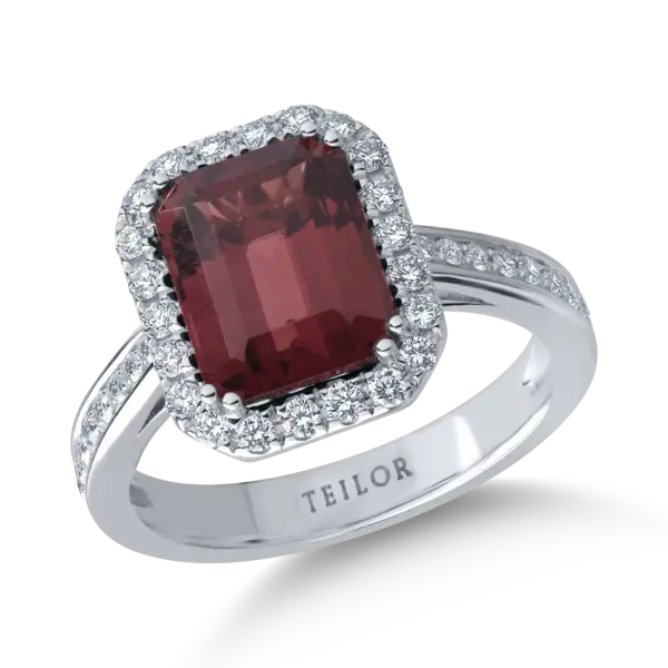 Inel din aur alb cu turmalina roz emerald de 3ct si diamante de 0.4ct