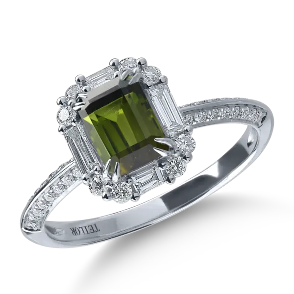 Inel din aur alb cu turmalina verde de 0.9ct si diamante de 0.4ct