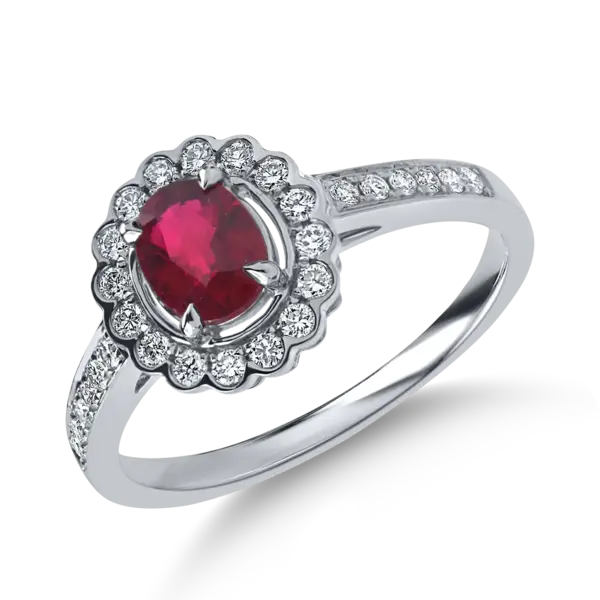 Inel din aur alb cu un rubin oval si diamante de 1ct
