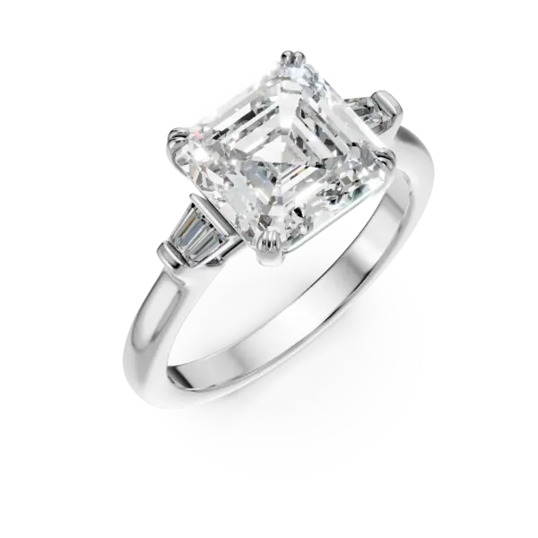 Inel din aur alb de cu diamant asscher de 3ct si diamante baguette tapered 0.1ct