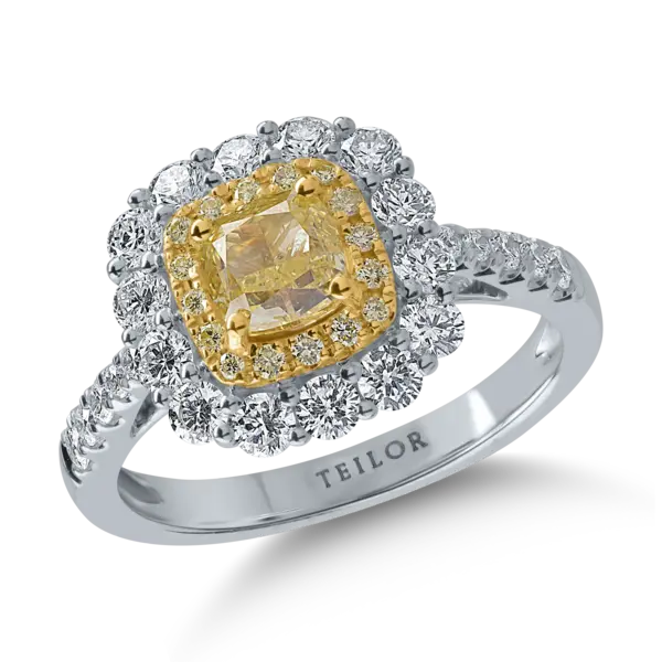 Inel din aur alb-galben cu diamante galbene cushion si rotunde si diamante incolore de 1.82ct