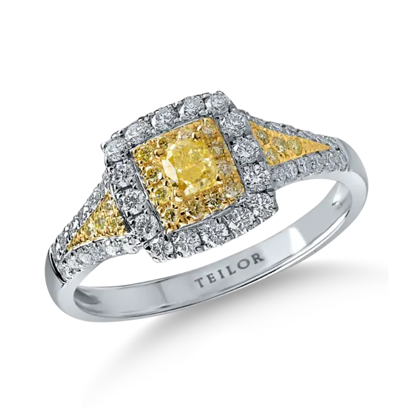 Inel din aur alb-galben cu diamante galbene cushion si rotunde si incolore de 0.74ct