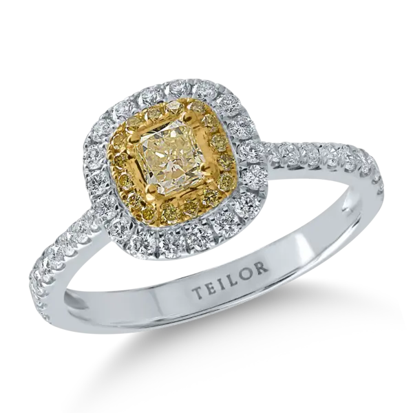 Inel din aur alb-galben cu diamante galbene cushion si rotunde de 0.4ct si diamante transparente de 0.4ct