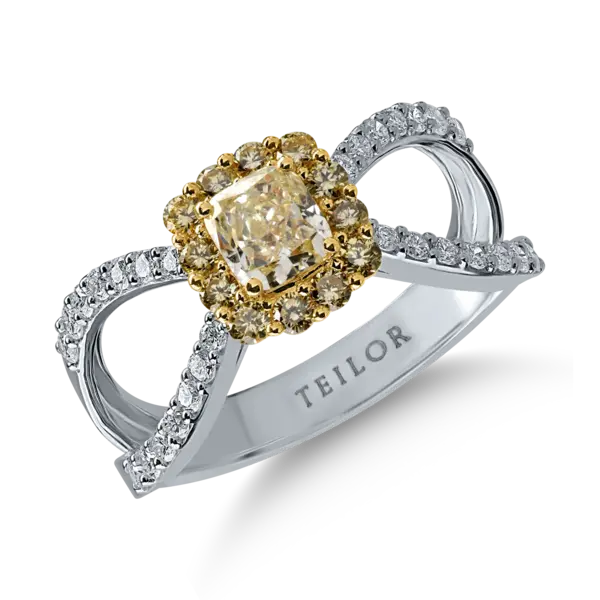 Inel din aur alb-galben cu diamante galbene cushion si rotunde de 0.8ct si diamante transparente de 0.3ct
