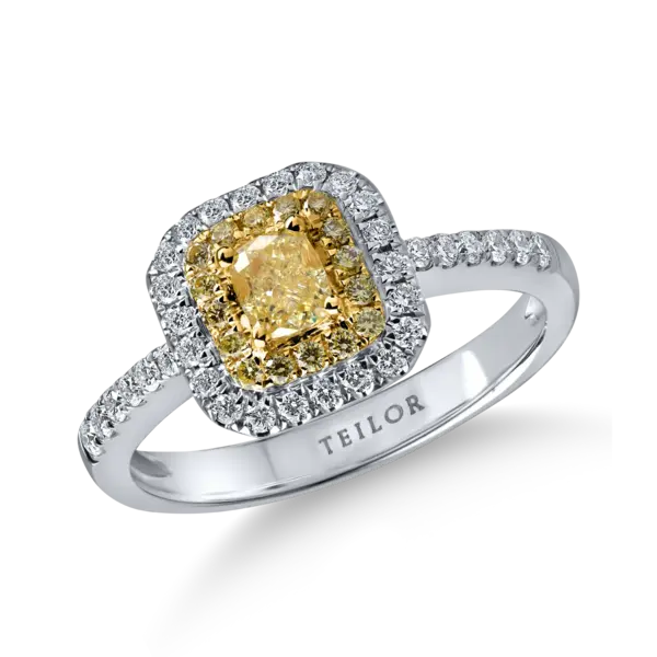 Inel din aur alb-galben cu diamante galbene cushion si rotunde si diamante incolore de 0.67ct