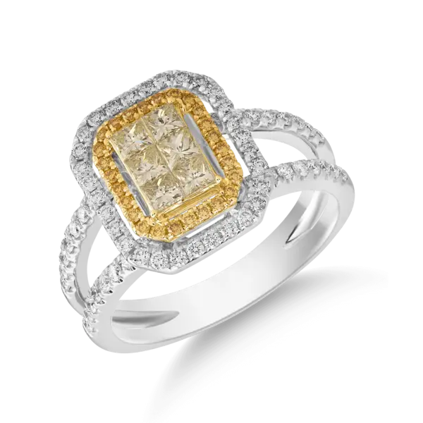 Inel din aur alb-galben cu diamante galbene princess si rotunde si diamante incolore de 1ct