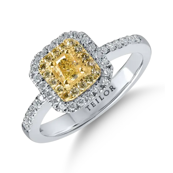 Inel din aur alb-galben cu diamante galbene si incolore de 0.67ct taietura cushion si round