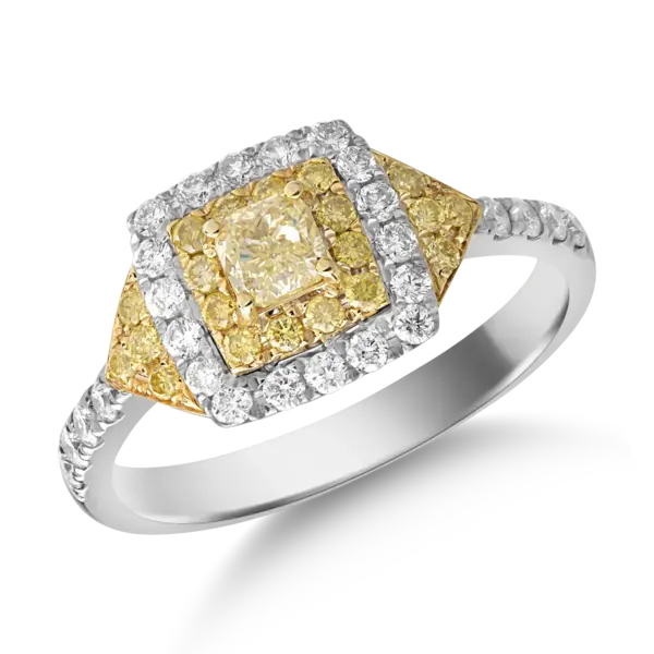 Inel din aur alb-galben cu diamante transparente de 0.39ct si diamante galbene cushion si rotunde de 0.54ct