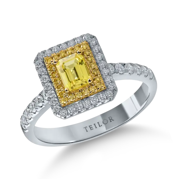 Inel din aur alb-galben cu safir galben octogonal de 0.4ct si diamante de 0.4ct