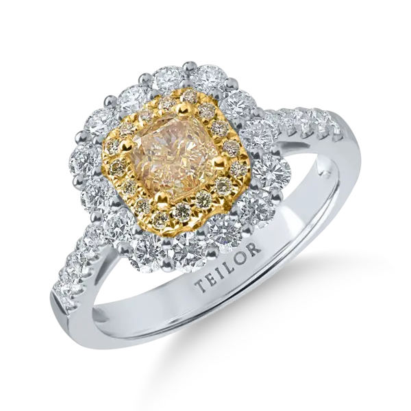 Inel din aur alb-galben cu un diamant galben cushion de 0.71ct si diamante galbene si incolore de 0.98ct