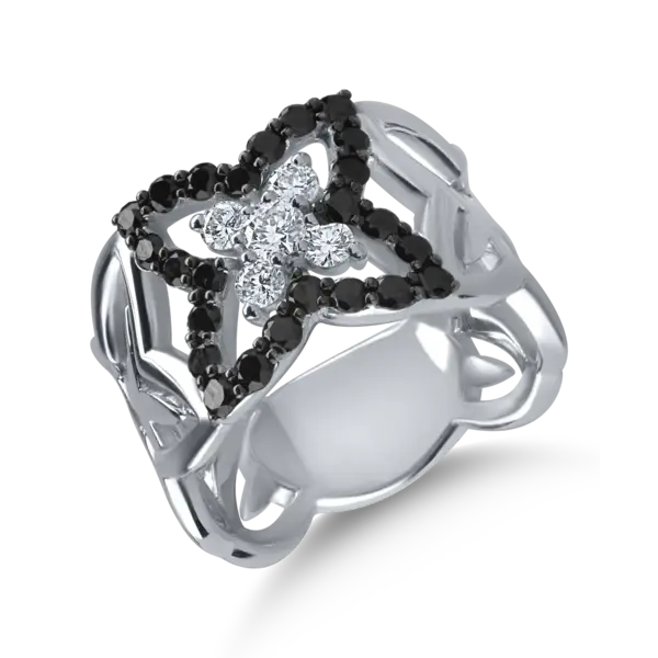 Inel din aur alb-negru cu diamante transparente de 0.33ct si diamante negre de 0.78ct