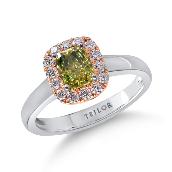 Inel din aur alb-roz cu diamant verde cushion si diamante roz de 1.3ct