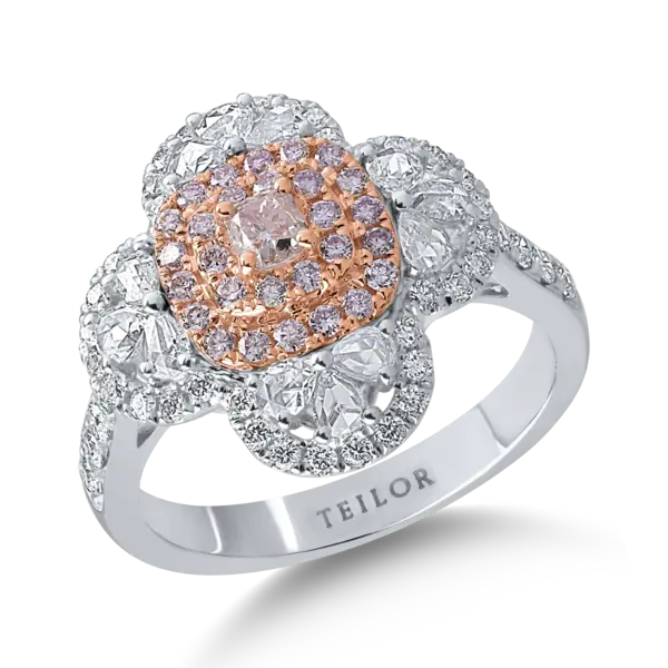 Inel din aur alb-roz cu diamante incolore taietura rose si rotunde de 0.86ct si diamante roz taietura cushion si rotunde de 0.43ct