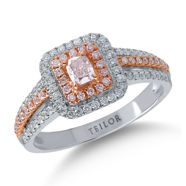 Inel din aur alb-roz cu diamante roz cushion si rotunde de 0.43ct si diamante transparente de 0.3ct