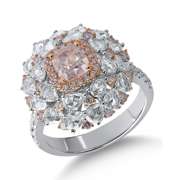 Inel din aur alb-roz cu diamante roz cushion si rotunde de 1.4ct si diamante incolore taietura rose si rotunde de 1.4ct