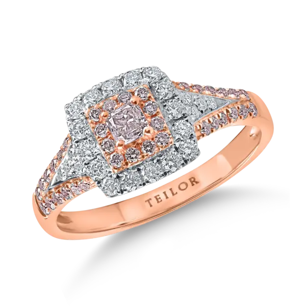 Inel din aur alb-roz cu diamante roz cushion si rotunde si diamante incolore de 0.69ct