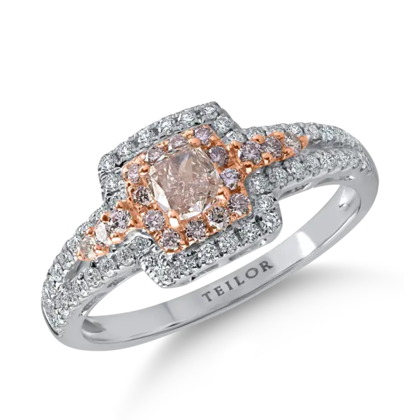 Inel din aur alb-roz cu diamante roz rectangulare si rotunde si diamante incolore de 0.8ct