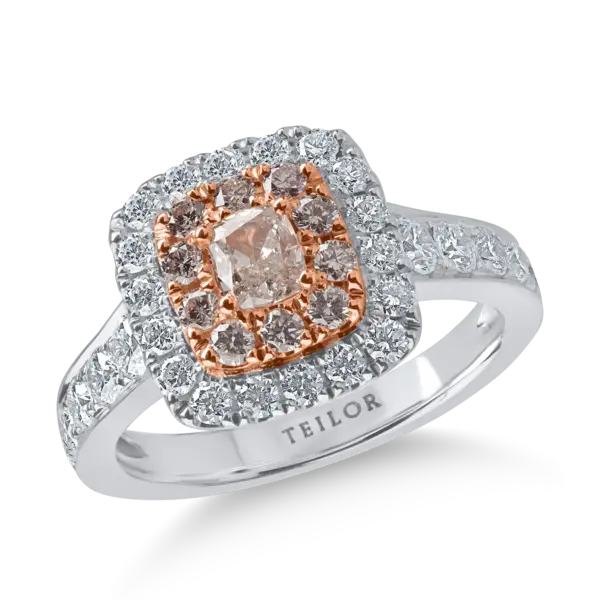 Inel din aur alb-roz cu diamante roz rectangulare si rotunde si diamante incolore de 1.47ct