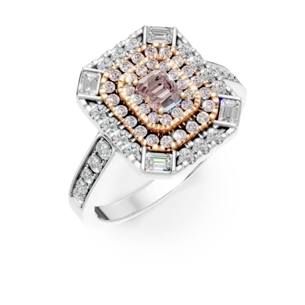 Inel din aur alb-roz cu diamante roz rectangulare si rotunde de 0.48ct si diamante baguette si rotunde de 0.59ct