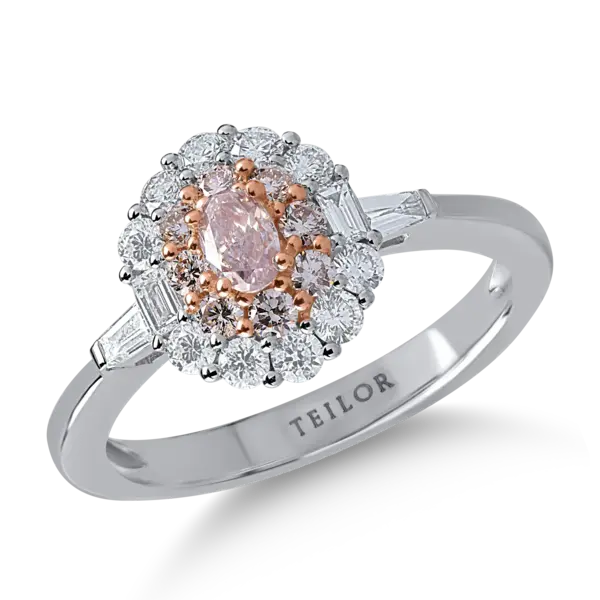 Inel din aur alb-roz cu diamante transparente baguette si rotunde de 0.5ct si diamante roz ovale si rotunde de 0.4ct