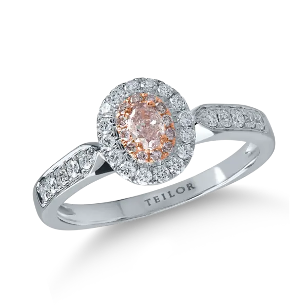 Inel din aur alb-roz cu diamante transparente de 0.34ct si diamante roz ovale si rotunde de 0.21ct