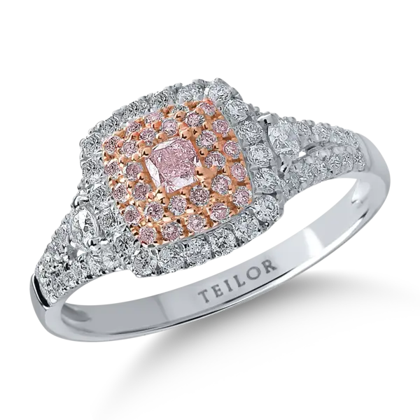 Inel din aur alb-roz cu diamante transparente de 0.51ct si diamante roz cushion si rotunde de 0.23ct