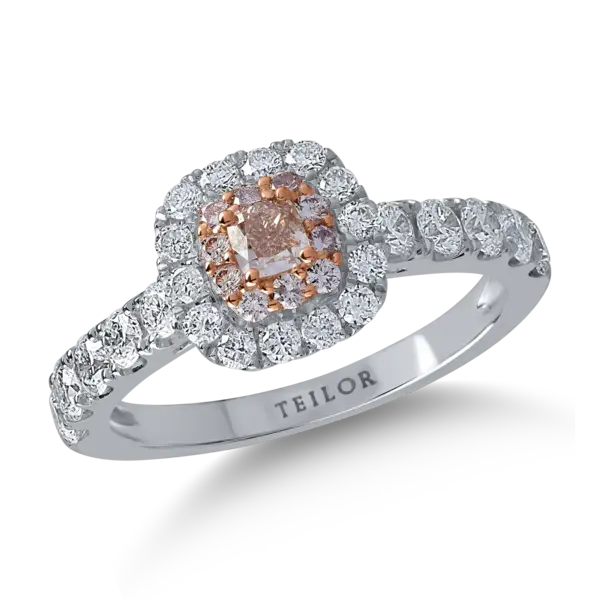 Inel din aur alb-roz cu diamante transparente de 0.91ct si diamante roz cushion si rotunde de 0.32ct