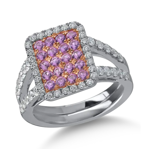 Inel din aur alb-roz cu safire roz de 0.69ct si diamante de 0.72ct