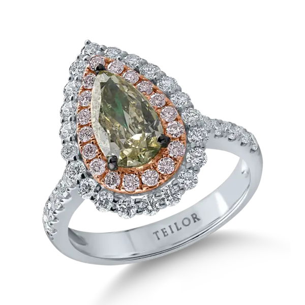 Inel din aur alb-roz cu un diamant verde central pear de 1.27ct si diamante incolore si roz halo pave de 1.12ct
