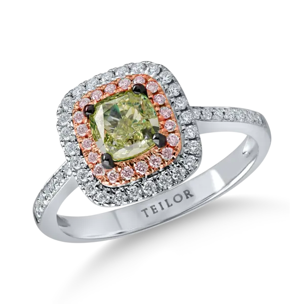 Inel din aur alb-roz cu un diamant verde cushion de 1ct si diamante incolore de 0.3ct