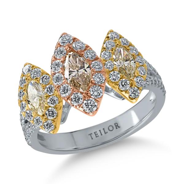 Inel din aur alb-roz-galben cu diamant maro marquise de 0.3ct si diamante galbene de 0.4ct
