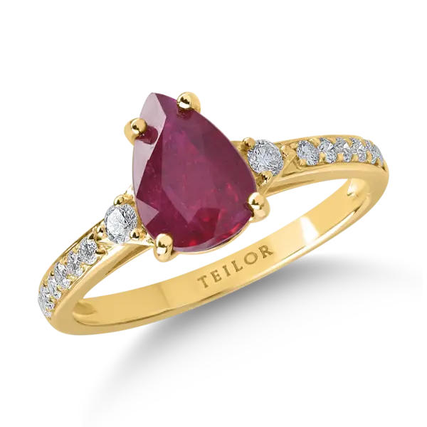 Inel din aur galben cu rubin pear de 1.7ct si diamante de 0.2ct