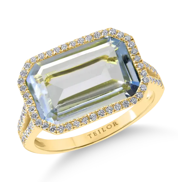 Inel din aur galben cu topaz albastru taietura emerald de 5.84ct si diamante de 0.33ct