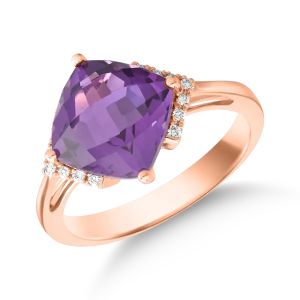 Inel din aur roz cu ametist cushion de 3.3ct si diamante de 0.08ct