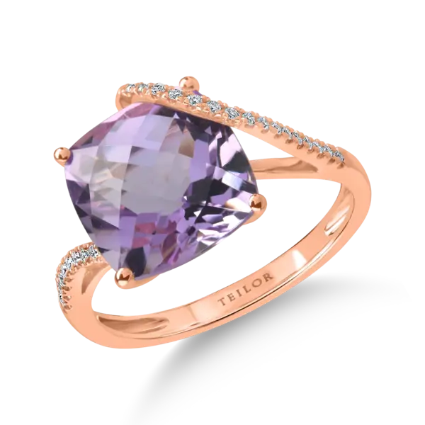 Inel din aur roz cu ametist square de 4.6ct si diamante de 0.13ct