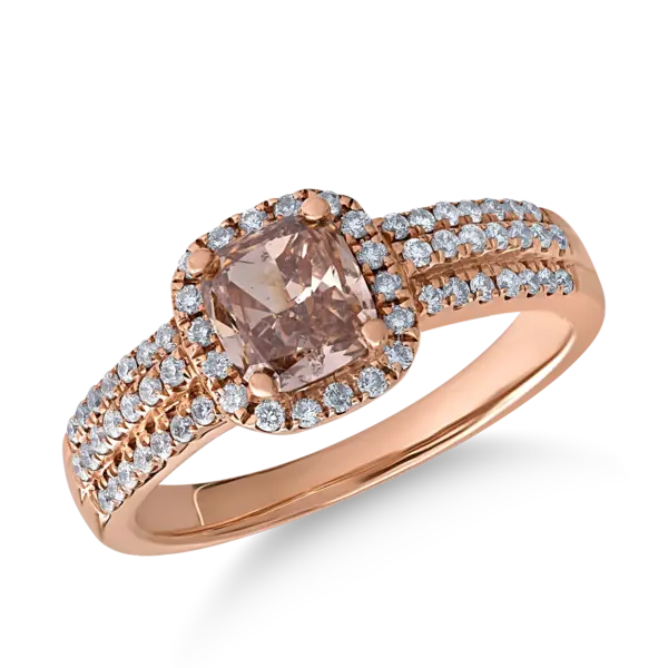 Inel din aur roz cu diamant maro cushion de 1ct si diamante transparente de 0.3ct