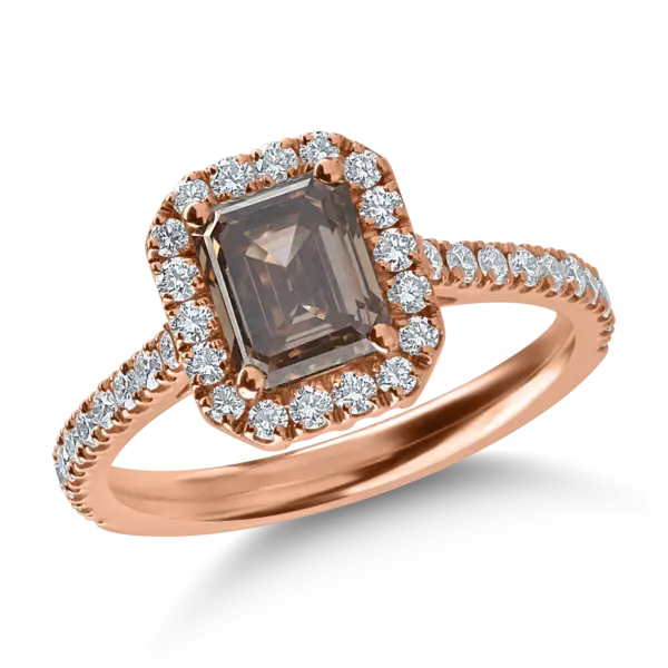 Inel din aur roz cu diamant maro octogonal de 1.5ct si diamante transparente de 0.5ct