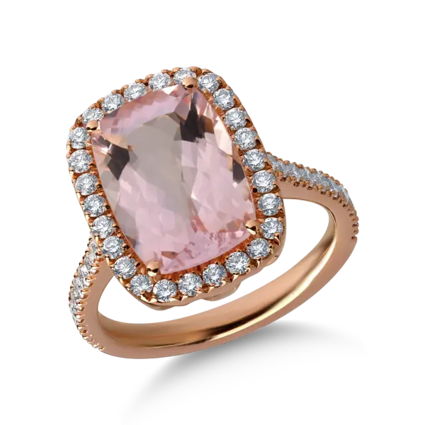 Inel din aur roz cu morganit cushion de 4.3ct si diamante de 0.6ct