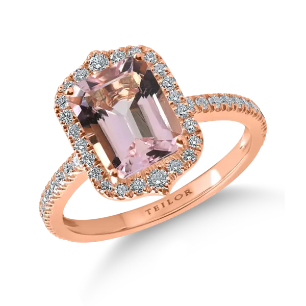 Inel din aur roz cu morganit octogonal de 1.97ct si diamante de 0.5ct