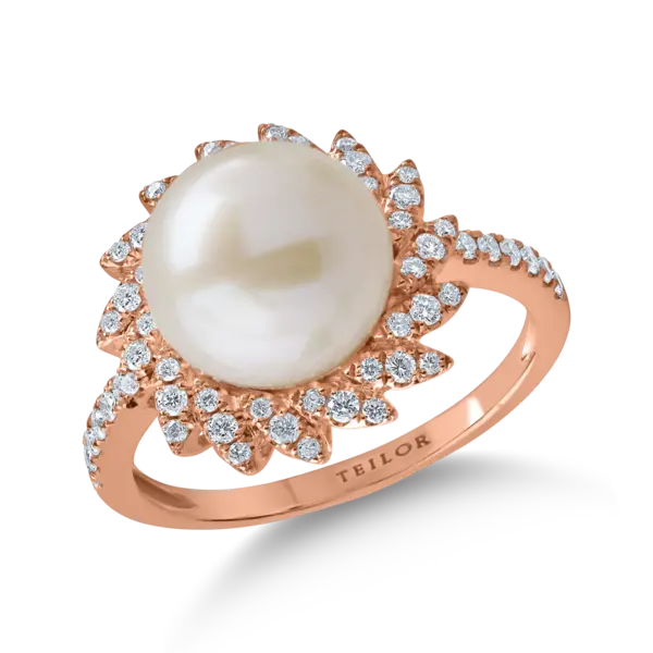 Inel din aur roz cu perla de cultura de 6.5ct si diamante de 0.3ct