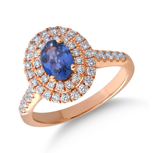 Inel din aur roz cu safir oval de 0.7ct si diamante de 0.6ct