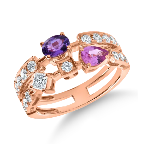 Inel din aur roz cu safire pear si ovale si diamante princess si rotunde de 1.4ct