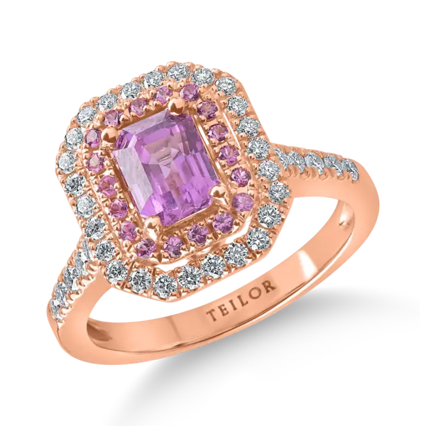 Inel din aur roz cu safire roz octogonale si rotunde de 1.56ct si diamante de 0.44ct