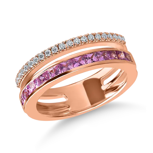 Inel din aur roz cu safire roz princess de 0.7ct si diamante de 0.16ct