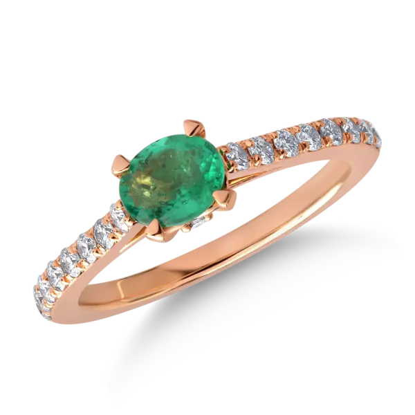 Inel din aur roz cu smarald oval de 0.5ct si diamante de 0.3ct