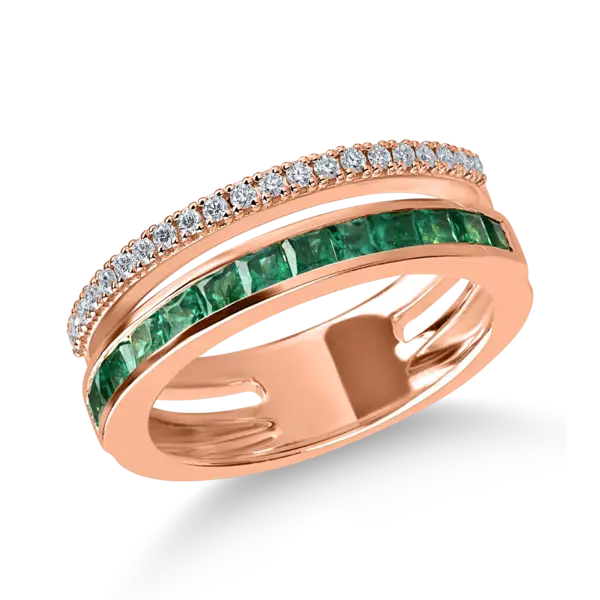Inel din aur roz cu smaralde princess de 0.6ct si diamante de 0.16ct