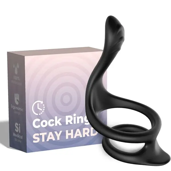 Inel dublu Armony – Tail, din silicon medical pentru penis și testicule, negru