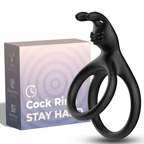 Inel dublu Armony – Tensy Rabbit, din silicon medical, cu urechi stimulatoare, negru